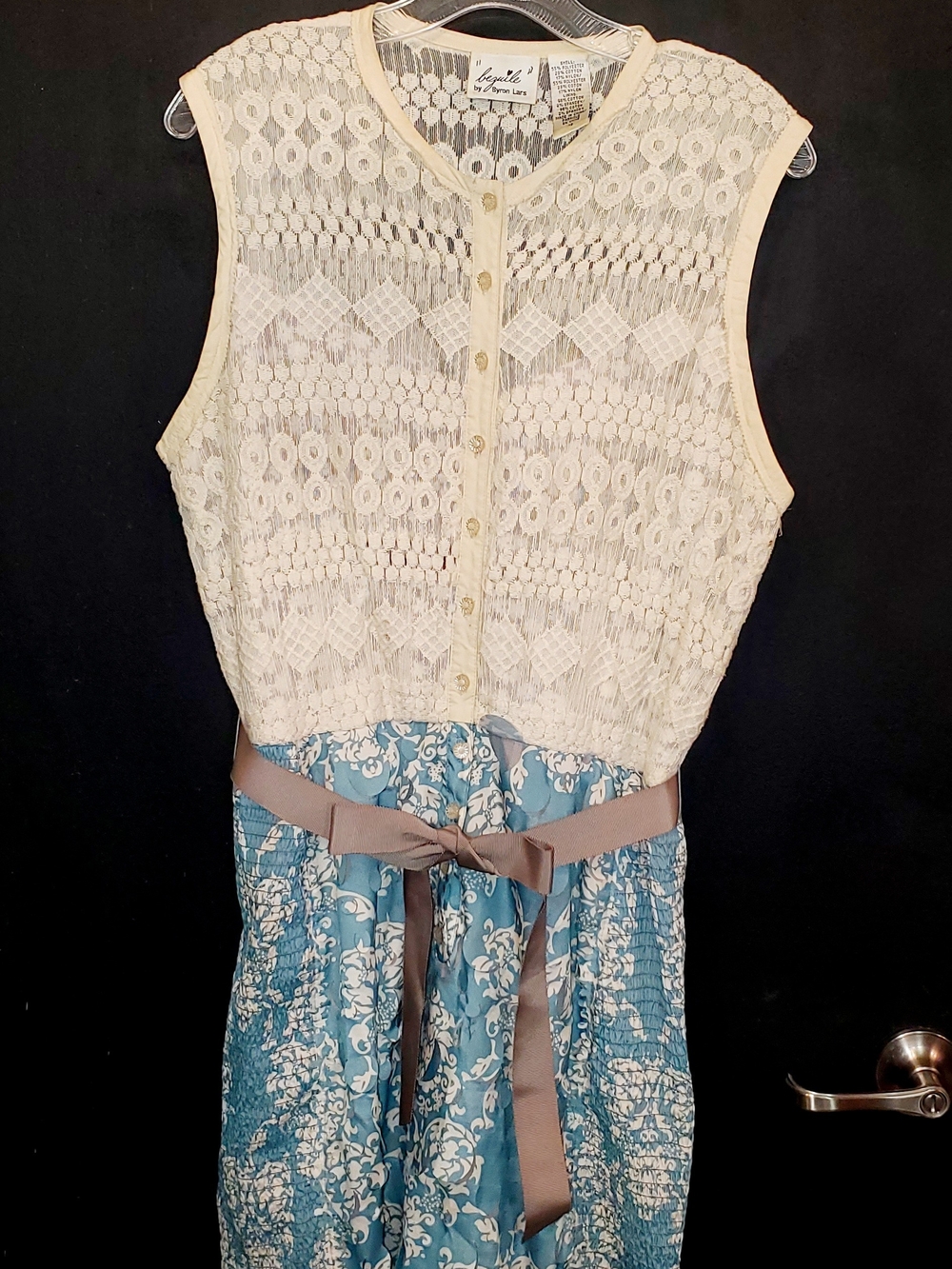 Byron Lars Cream Lace Bodice with Blue Floral Skirt